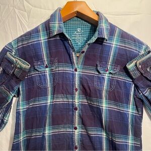 Kuhl Flannel Shirt Womens XL Blue Cotton Blend Button Up Plaid Hiking outdoor